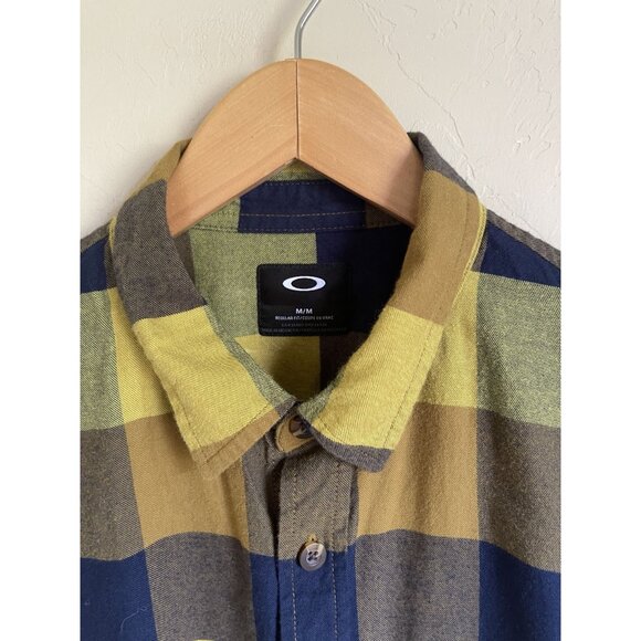 Oakley Size Medium Yellow Black Plaid Button Up Long Sleeve Collared Shirt 100% - Picture 6 of 8